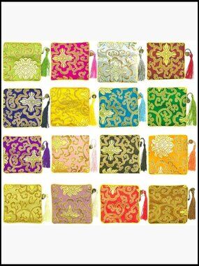 Traditional Brocade Embroidery Jewelry Bag Set of 16 with Fringe Zipper Closure